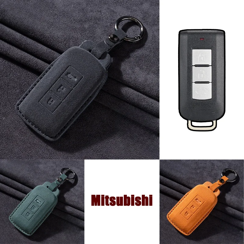 スエードレザー製-車用スマートリモートキーフォブケースカバー-キーホルダー-三菱-アウトランダー-ランサー-asx-パジェロ-l200-エクリプスクロス用