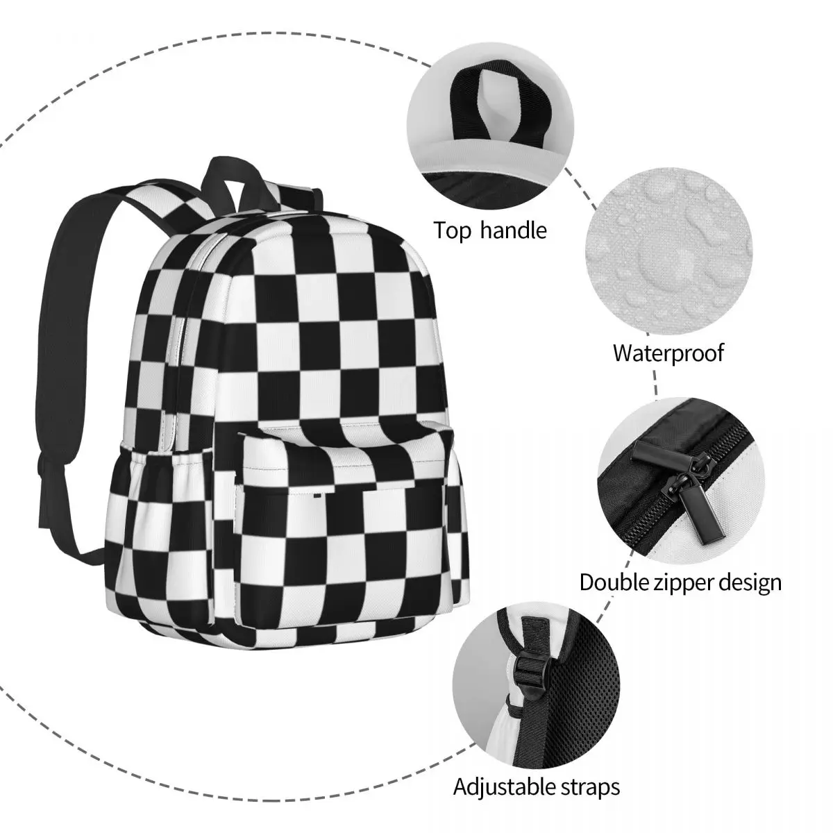 Black Checkerboard Backpack Classic Black and White Checker Travel Backpacks Female Style School Bags Designer Soft Rucksack