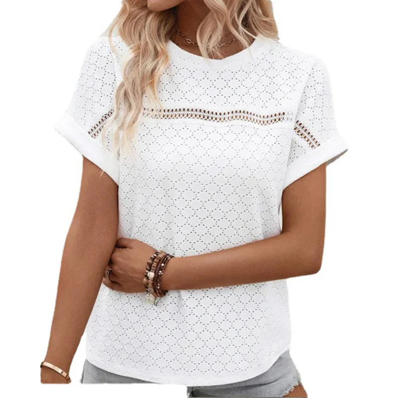 Summer Clothes for Women New Solid Hollow Out Lace Casual T-Shirt Fashion Round Neck Batwing Short Sleeve White Pullover Tops