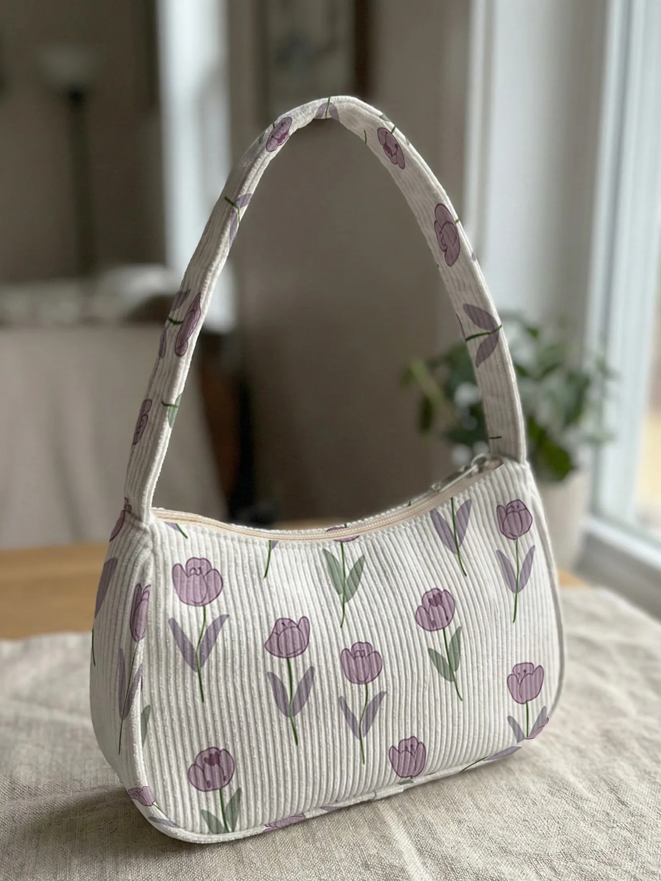 Trendy Purple Tulip Print Shoulder Bag, Beige Corduroy Underarm Bag for Daily Casual Use