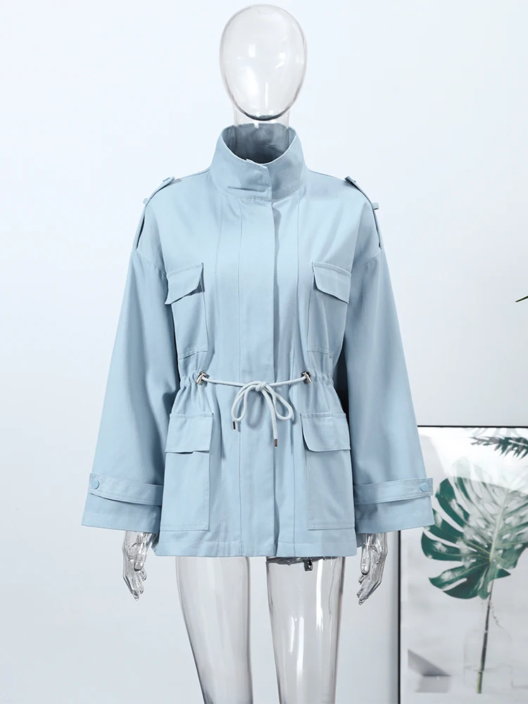 2026 Spring Women Coat Belt Tunic Pockets Long Sleeve Stand Collar Female Office Jacket Solid Ladies Casual Streetwear Commute