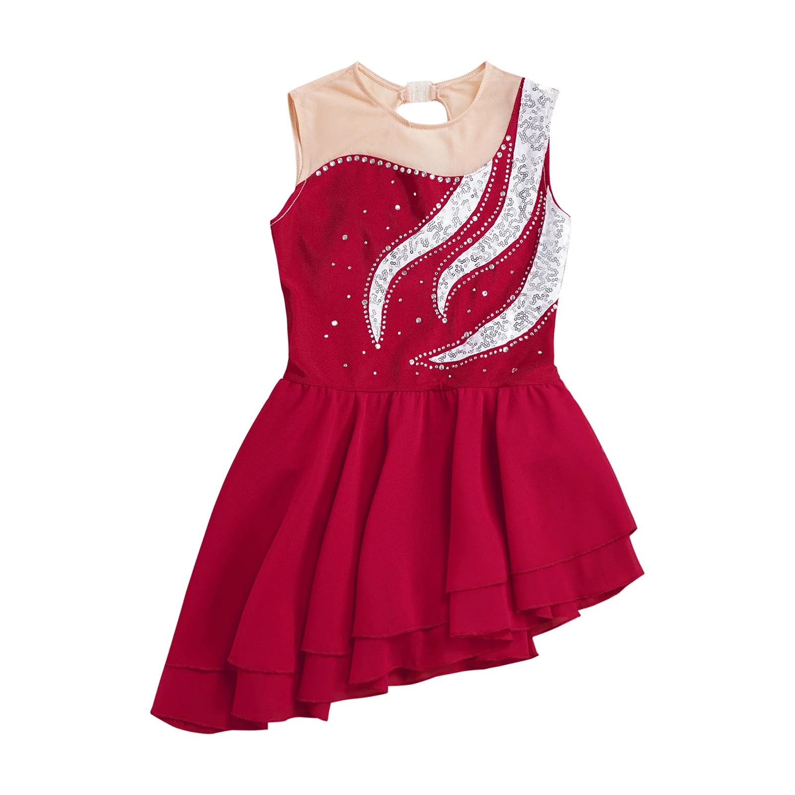 Kids Girls Ice Skating Clothes Sleeveless Gymnastics Leotard Sequins Rhinestone Dancing Clothing Teens Figure Skating Dress