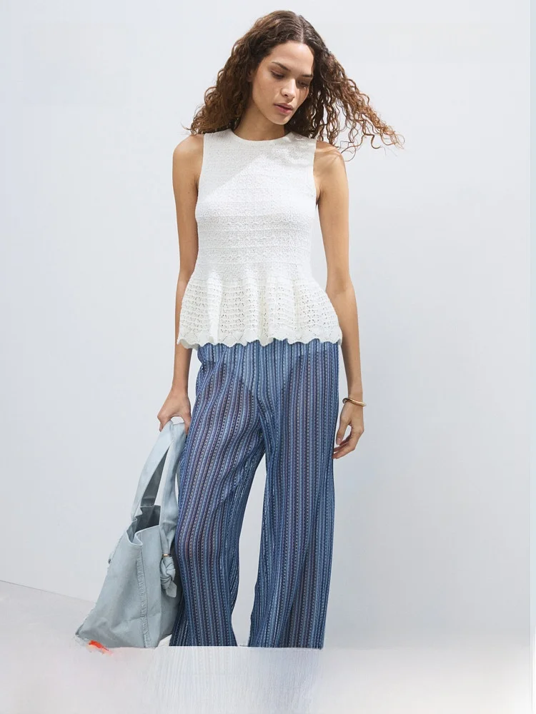

H&M Women's Loose Knitted Wide Leg Pants Summer 2026 Hollow out Design Holiday Style Casual Trousers for Ladies