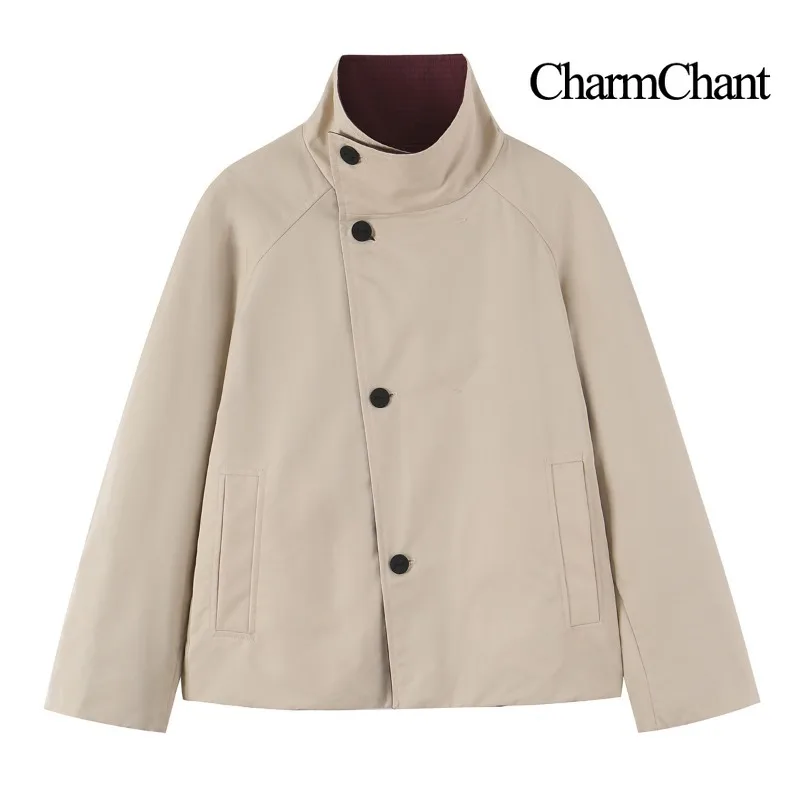 CHARMCHANT Women's Reversible Coat Jacket Funnel Neck Oversized Asymmetric Button Loose Fit Casual Autumn Winter 2026