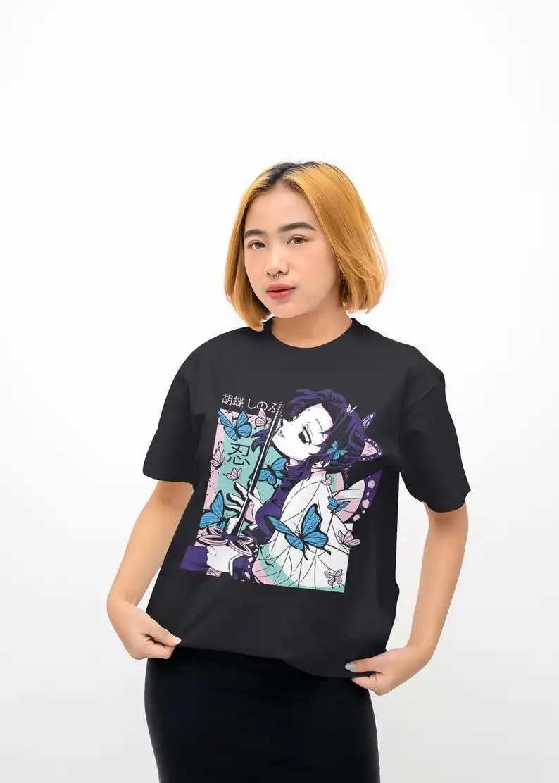 Kochou Shinobu Butterfly Demon Slayer Anime Merch Printed Shirt Japanese Manga Style Unisex 100%Cotton T-Shirt