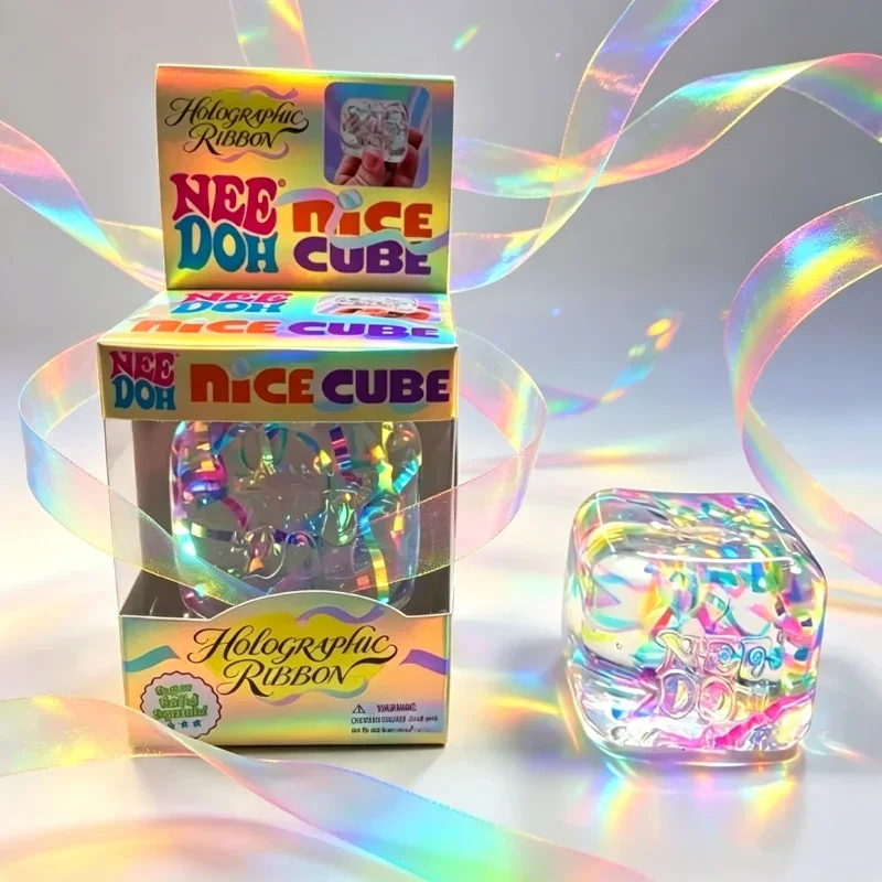 NeeDoh Holographic Ribbon Nice Cube Squishy Toy, Soft Fidget Squeeze Cube with Shiny Rainbow Streamer for Pressure Relief