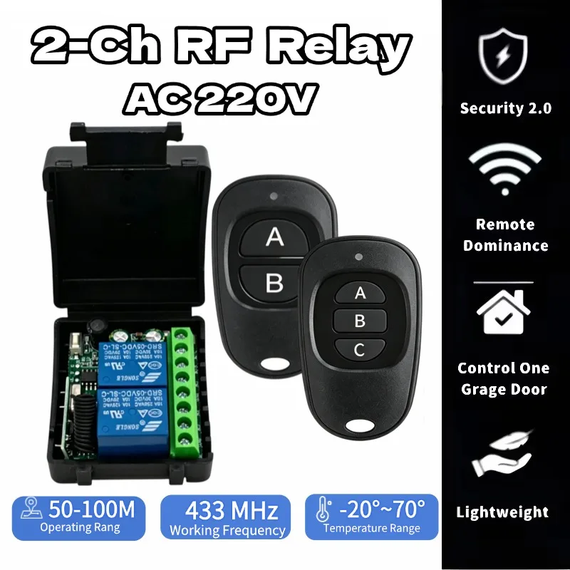 AC85-250V 433Mhz 2 Channel Relay Wireless Remote Control Switch + Two Keys Remote Controls for Garage Door Lighting Curtains