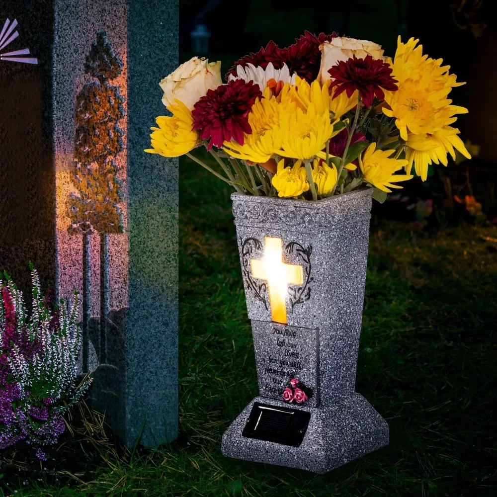 Solar Cemetery Grave Vase with LED for Fresh/Artificial Flowers Headstones Vases with Spikes Gravestone Decor Memorial Gifts