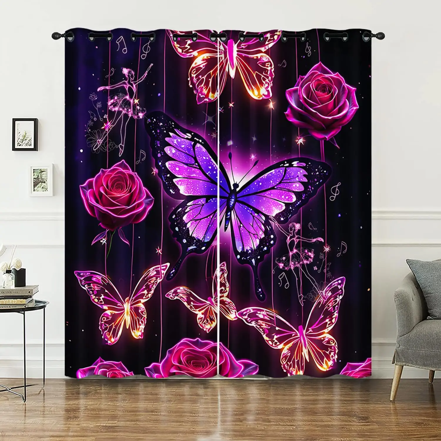 Window Curtain,Purple Butterfly Floral Window Drapes Girls Room Decor Beautiful Dancing Girls Printed Treatment Curtain