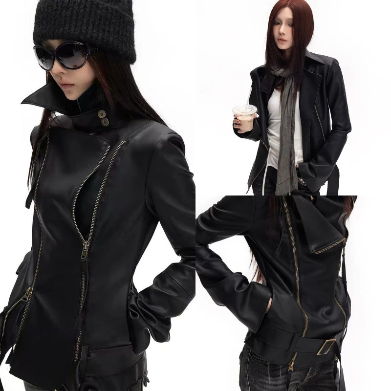 American Vintage Leather Jacket Long Sleeve Double Zipper Patchwork Women Streetwear Y2k Retro Bodycon Coat Aesthetic 2026