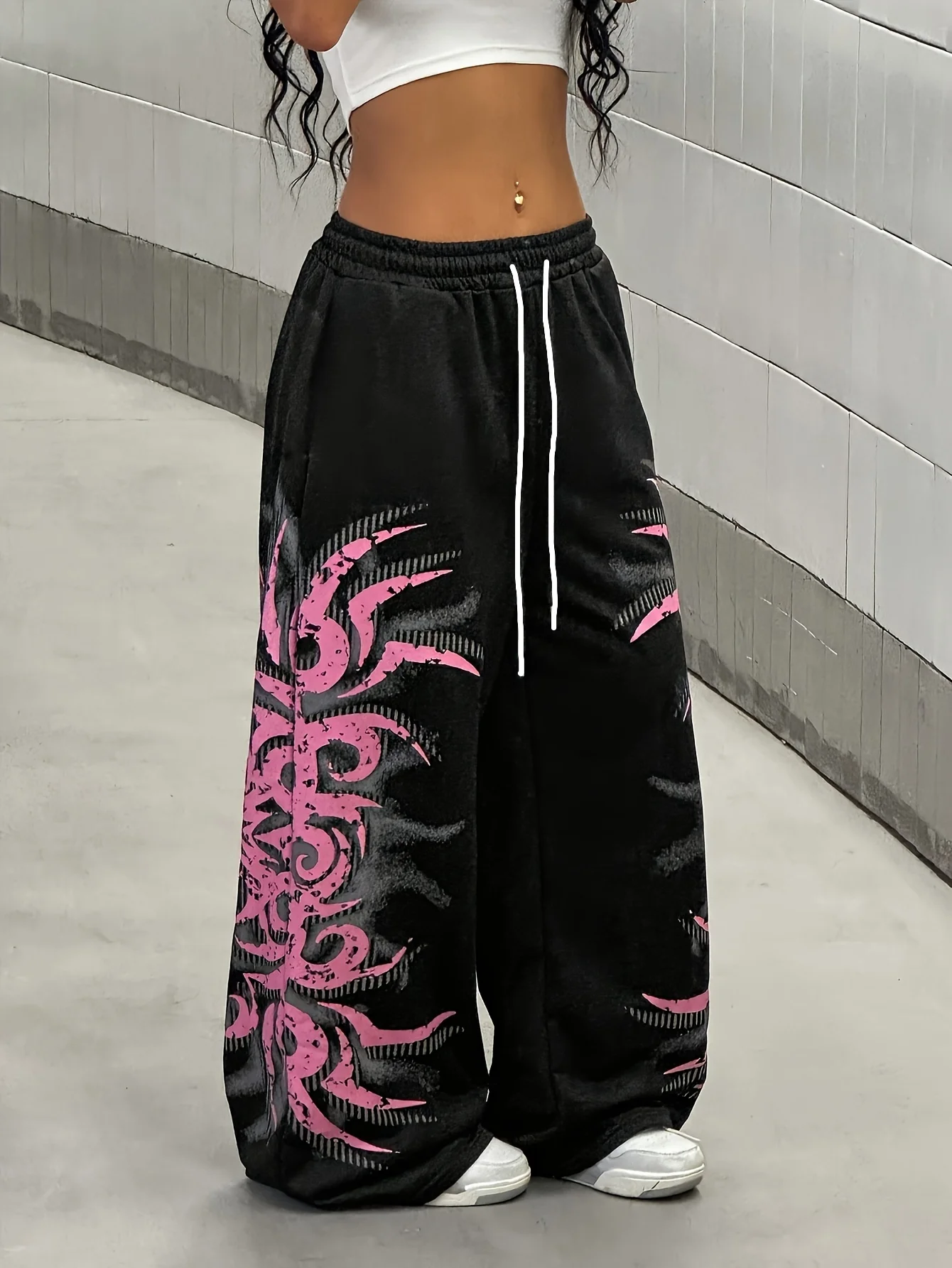 Vintage Washed Wide Leg Trousers Pink Distressed Tribal Graphic Elastic Waist Loose Quick Dry Hip Hop Casual Pants Kids