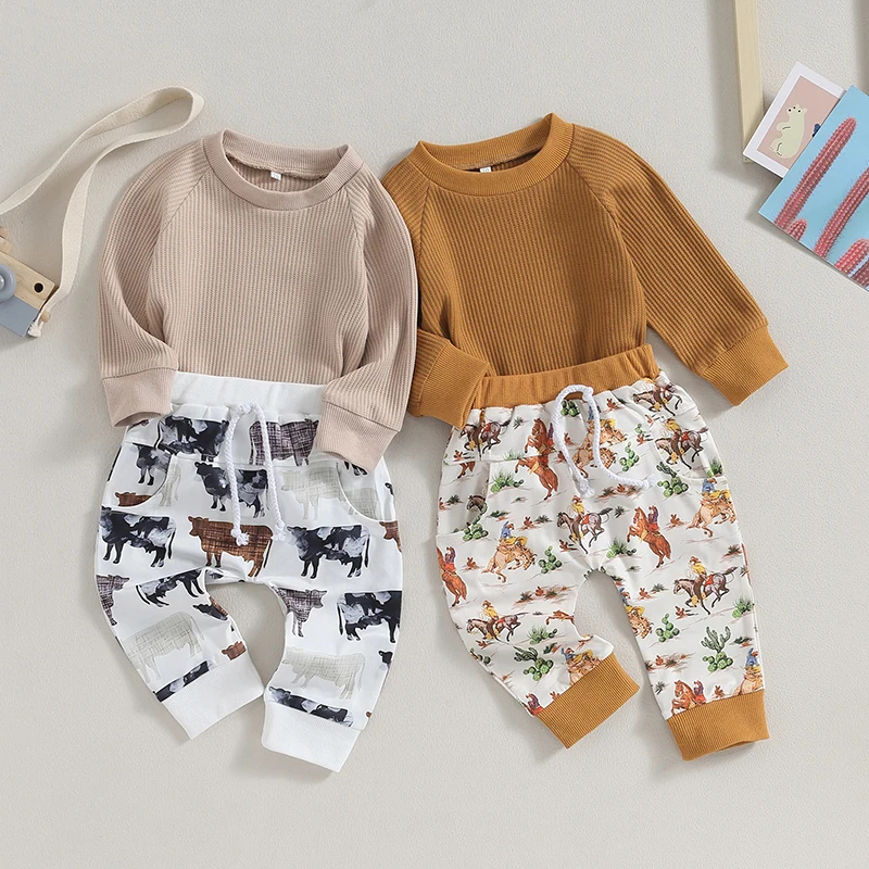 

Toddler Boy Autumn Western Clothes Long Sleeve Sweatshirt Cattle Pattern Pants 2Pcs Casual Outfit