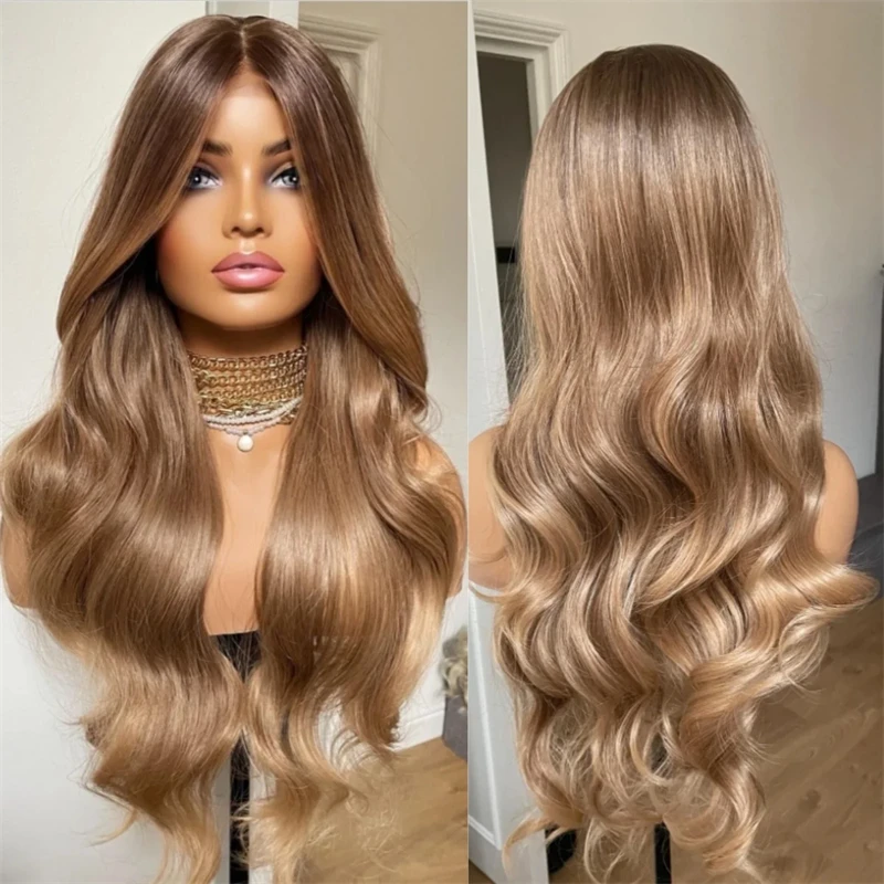 30 Inch 13x4 Ombre Caramel Brown Blonde Highlights HD Lace Front Wig HIgh Quality Synthetic Lace Front Wigs Ladies Party Wigs