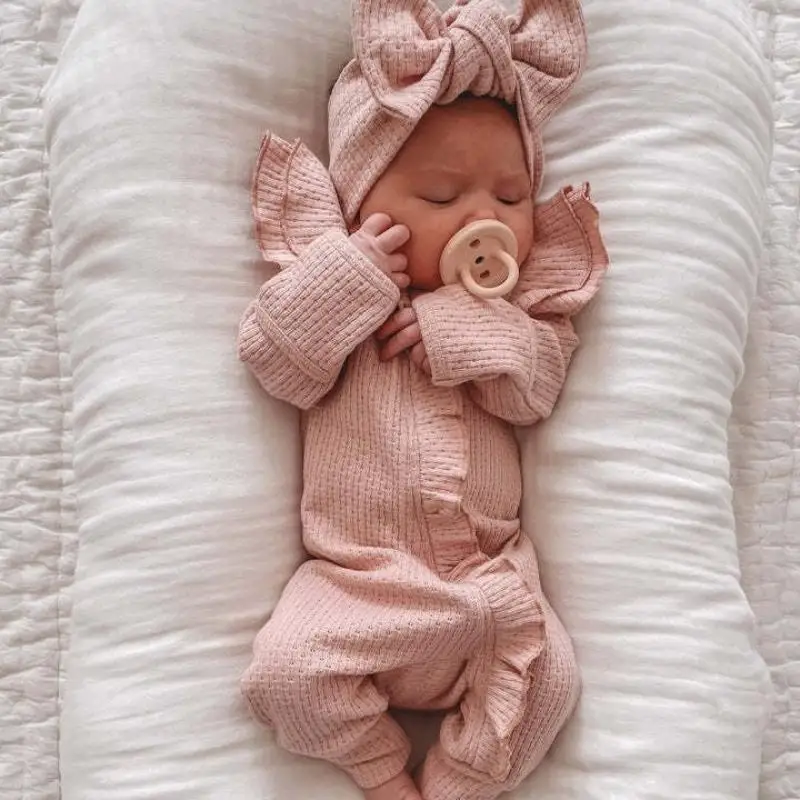 2024 Long Sleeves Knitted Jumpsuit For Infants Girl Comfortable Adorable Autumn Winter Newborn Bodysuit Solid Waffle Romper