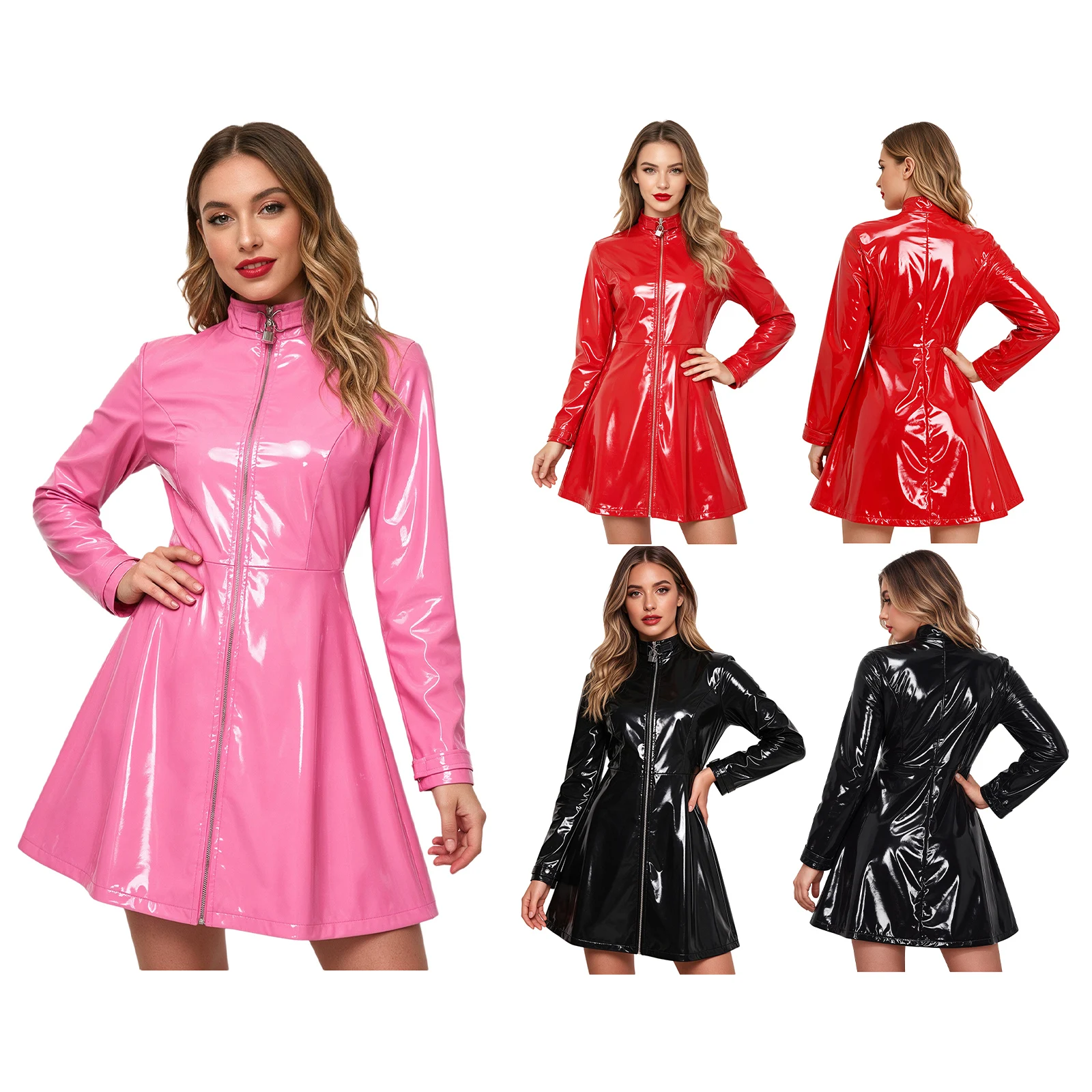 Women Skinny Patent Leather Skirt Dress for Rave Party Patent Leather Glossy Wet Look Dress with Zipper Locks Closure Clubwear