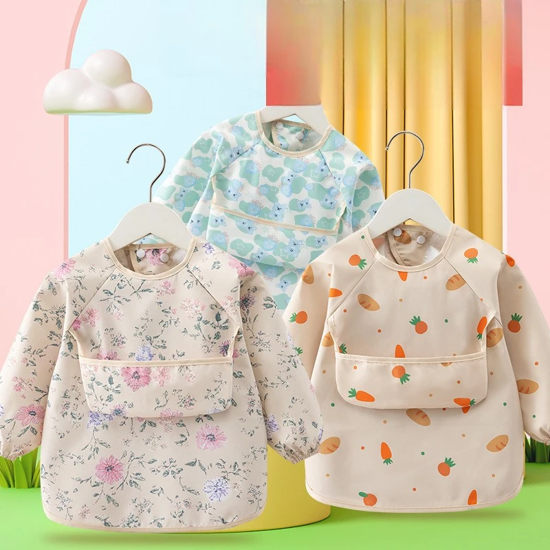 Babero de alimentación para niños, delantal impermeable de manga larga, blusa de alimentación con bolsillo para arroz, Baberos para niños pequeños, bata de alimentación fina, 1 ud.
