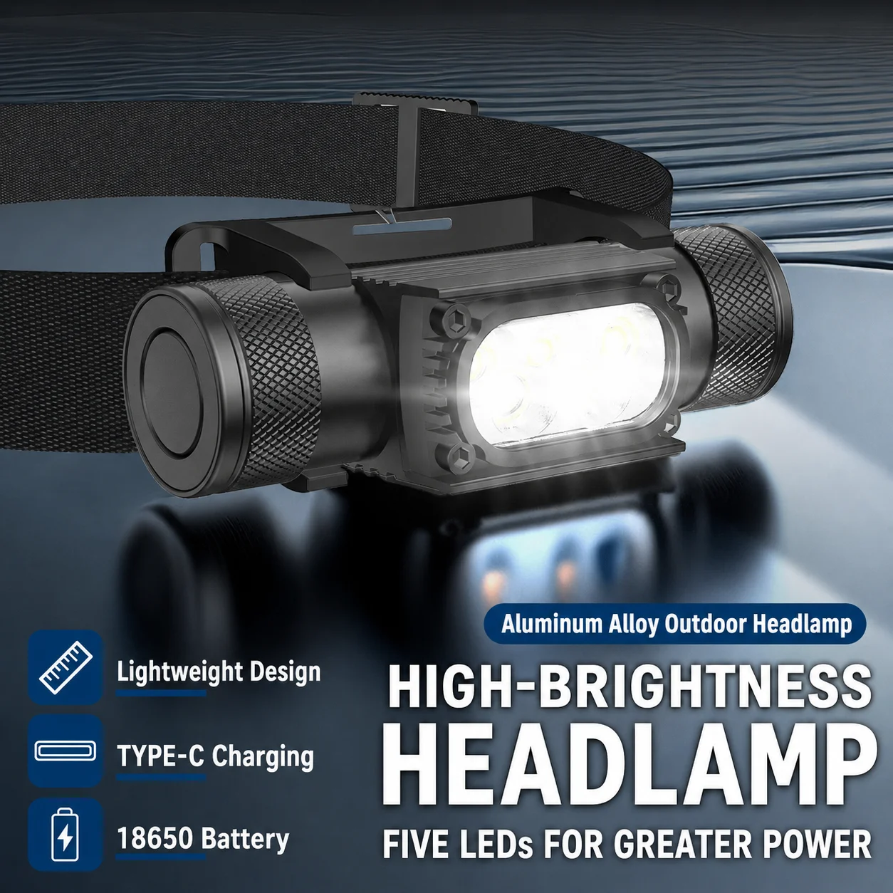 Super Bright LED Headlamp Black Aluminum Alloy 18650 Recharge IPX4 Waterproof Long Runtime Focus Adjustable Outdoor Camping Work
