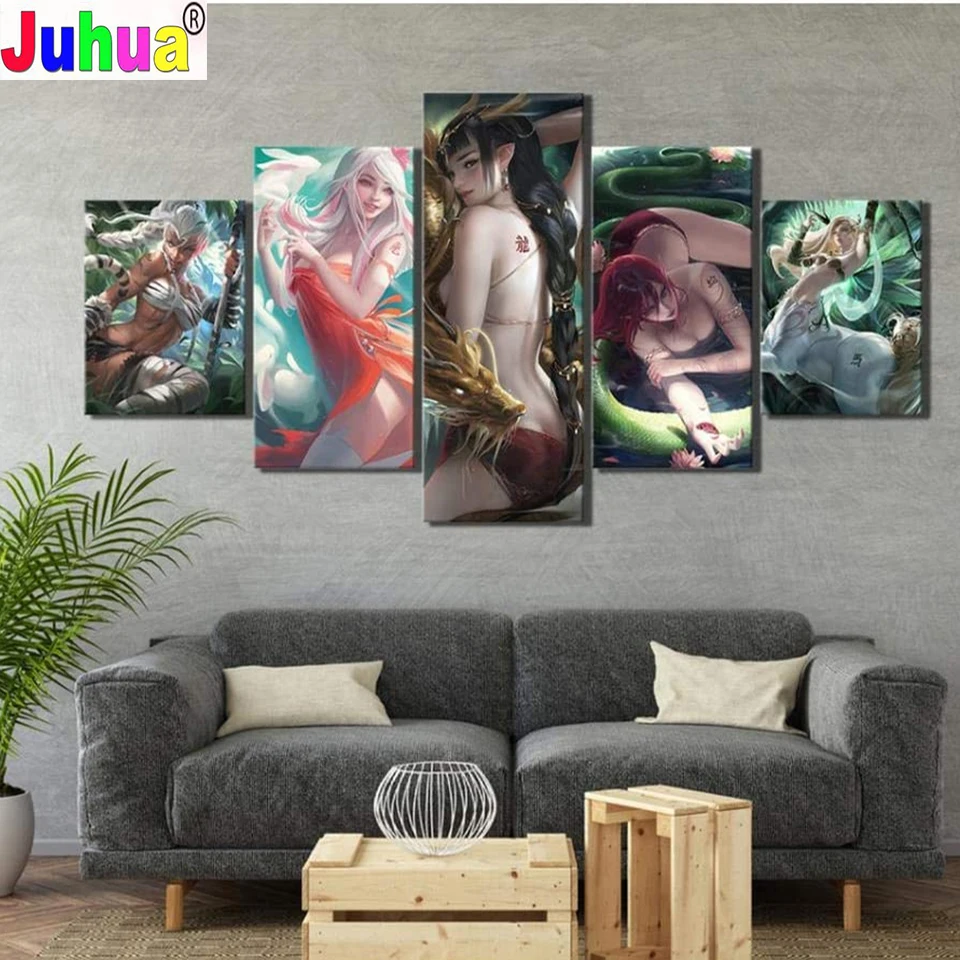 

Diy Full Round Square Diamond Painting Anime Sexy Girls 5 Panel Home Decor Cross Stitch Kits Picture Rhinestone Animation Role