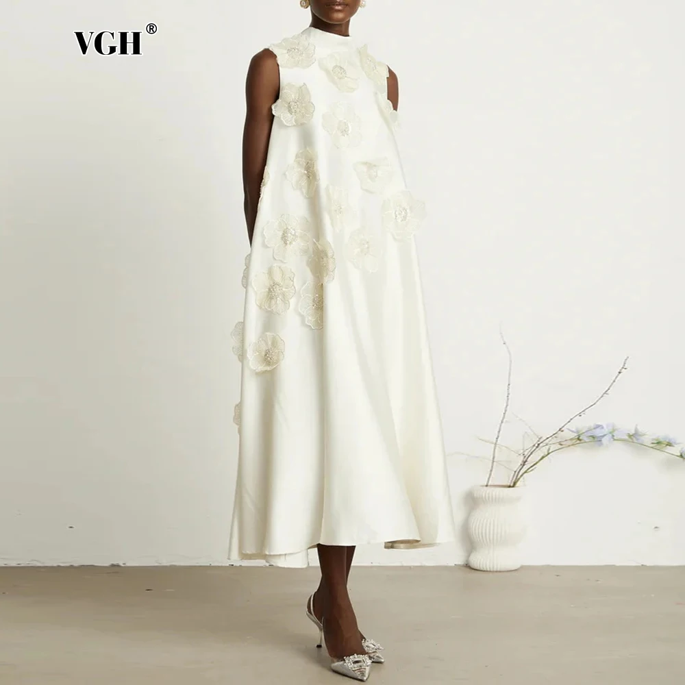 

VGH Cute Loose Spliced Appliques Solid Dresses For Women Round Neck Sleeveless High Waist Draped Dress Female Fashion Style New