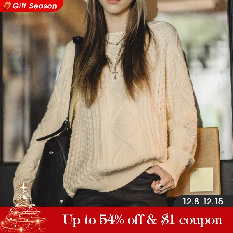 Maden Autumn and Winter Beige Twisted Sweater for Women Thickened Knit Top Loose-fit Outerwear Pullover Crew Neck Warm Sweaters