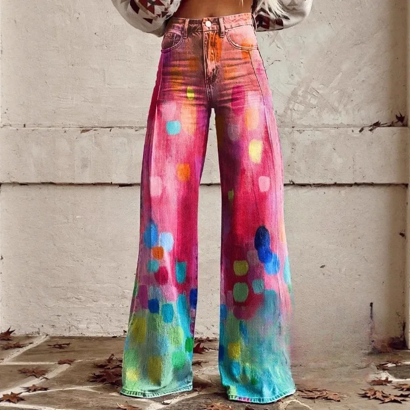 European and American Cross-border Women's Casual Pants with Printed Imitation Jeans, Wide-leg 3D Trendy and Fashionable Women