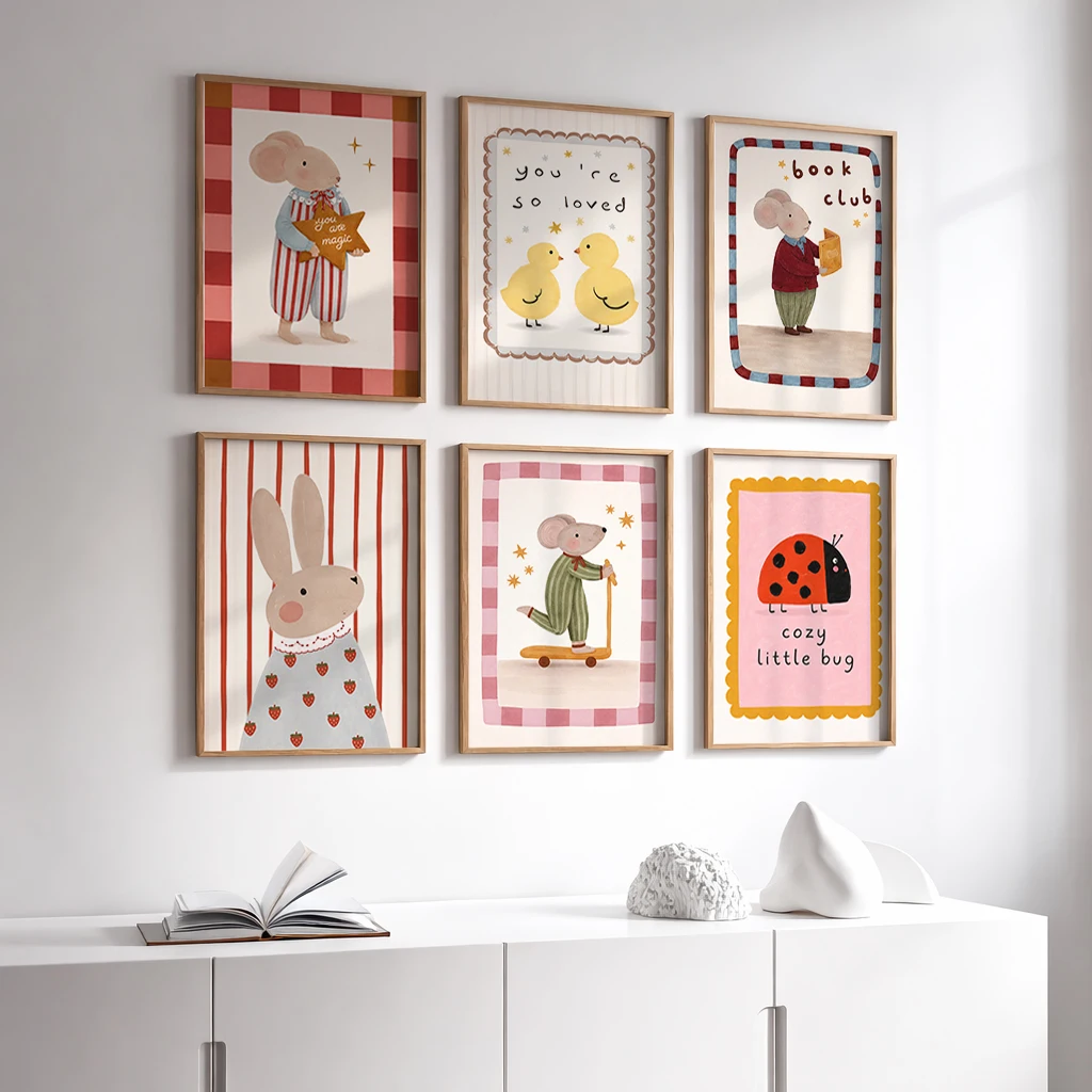 Set of 6 Cute Cartoon Animal Canvas Posters for Kids Room Nursery Wall Art Featuring Mouse Rabbit Chick Insect Cozy Home Decor