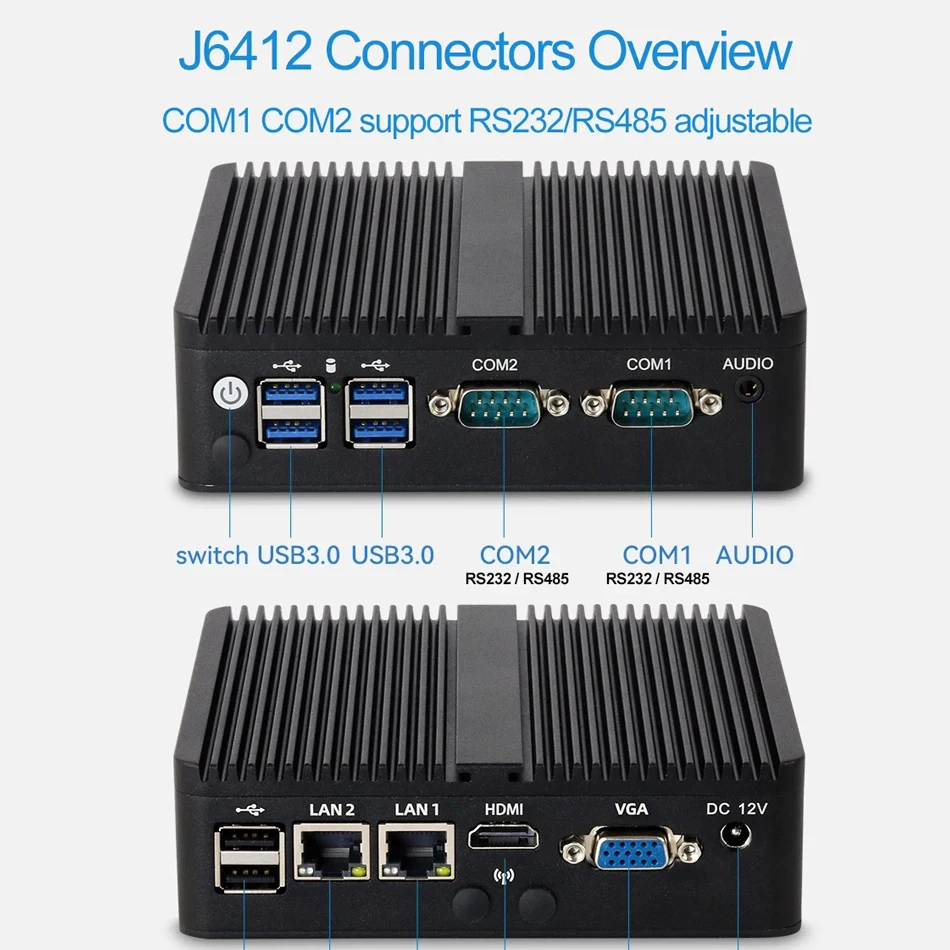XCYミニPC Intel Celeron J6412クアッドコア 2x RS232/485 デュアルイーサネット Mini PCIe HDMI VGA ファンレス産業用IPC Windows Linux