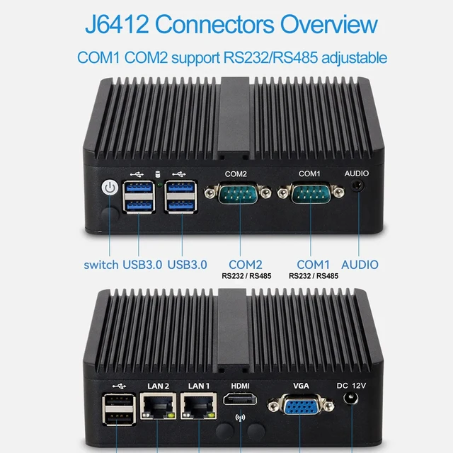 XCY Mini PC Intel Celeron J6412 Quad Cores 2x RS232/485 Dual Ethernet Mini PCIe HDMI VGA Fanless Industrial IPC Windows Linux 2 XCY Fanless Industrial Mini PC – Intel Celeron J6412 Quad-Core, 2× RS232/485, Dual Ethernet, Mini PCIe, HDMI + VGA – view 2