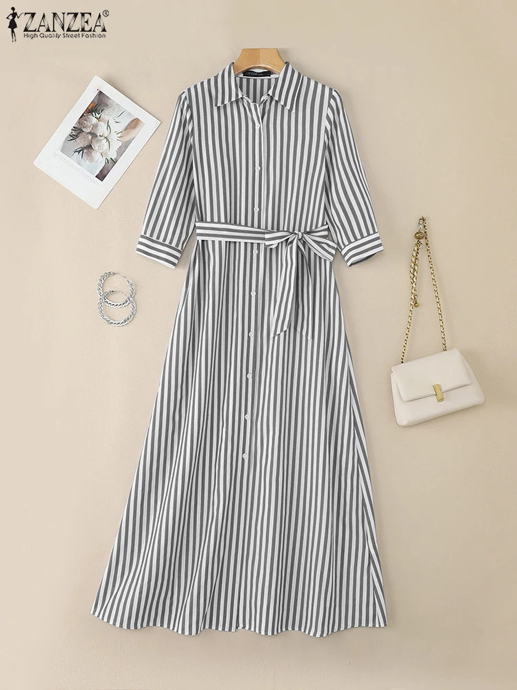 ZANZEA 2025 Autunno Abito a righe Donna Elegante risvolto Collo Manica lunga Vestito estivo Robe Femme Bottoni Up Abiti Abiti da ufficio