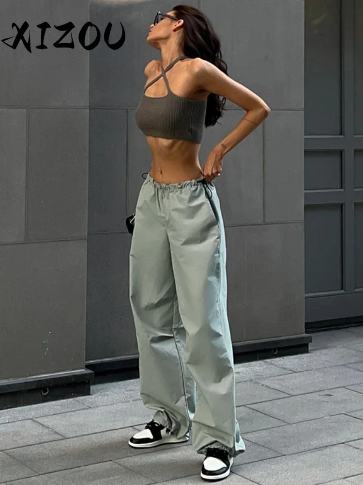 

XIZOU Solid Casual Oversized Cargo Pants Women Hipster Drawstring Loose Harajuku Vintage Trousers Streetwear Female Bottoms