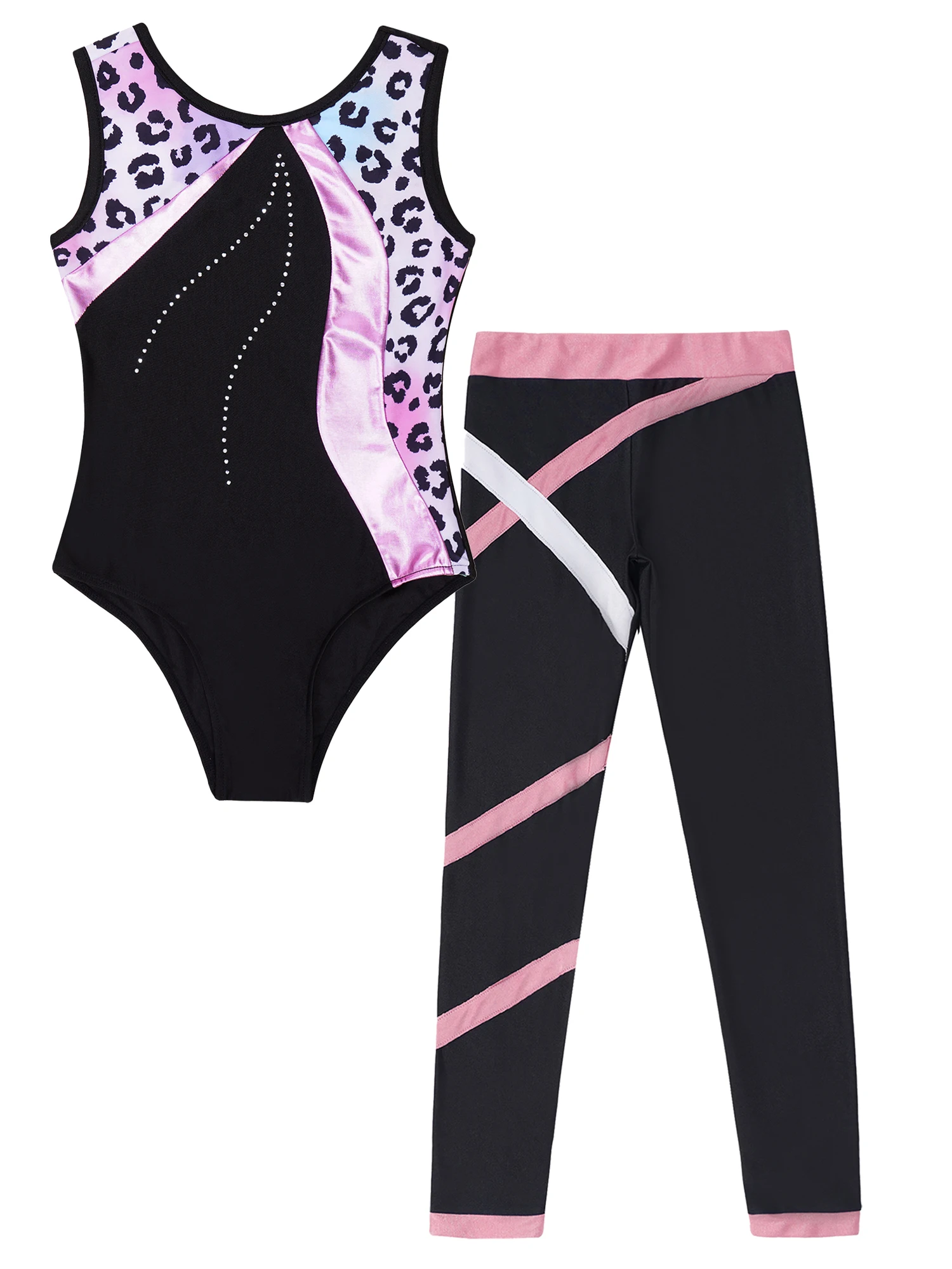 Kids Girls Sleeveless Rhinestones Ballet Dance Gymnastic Leotard with Legging Pants Outfit 2Pcs Printed Bodysuit Jumpsuit Set