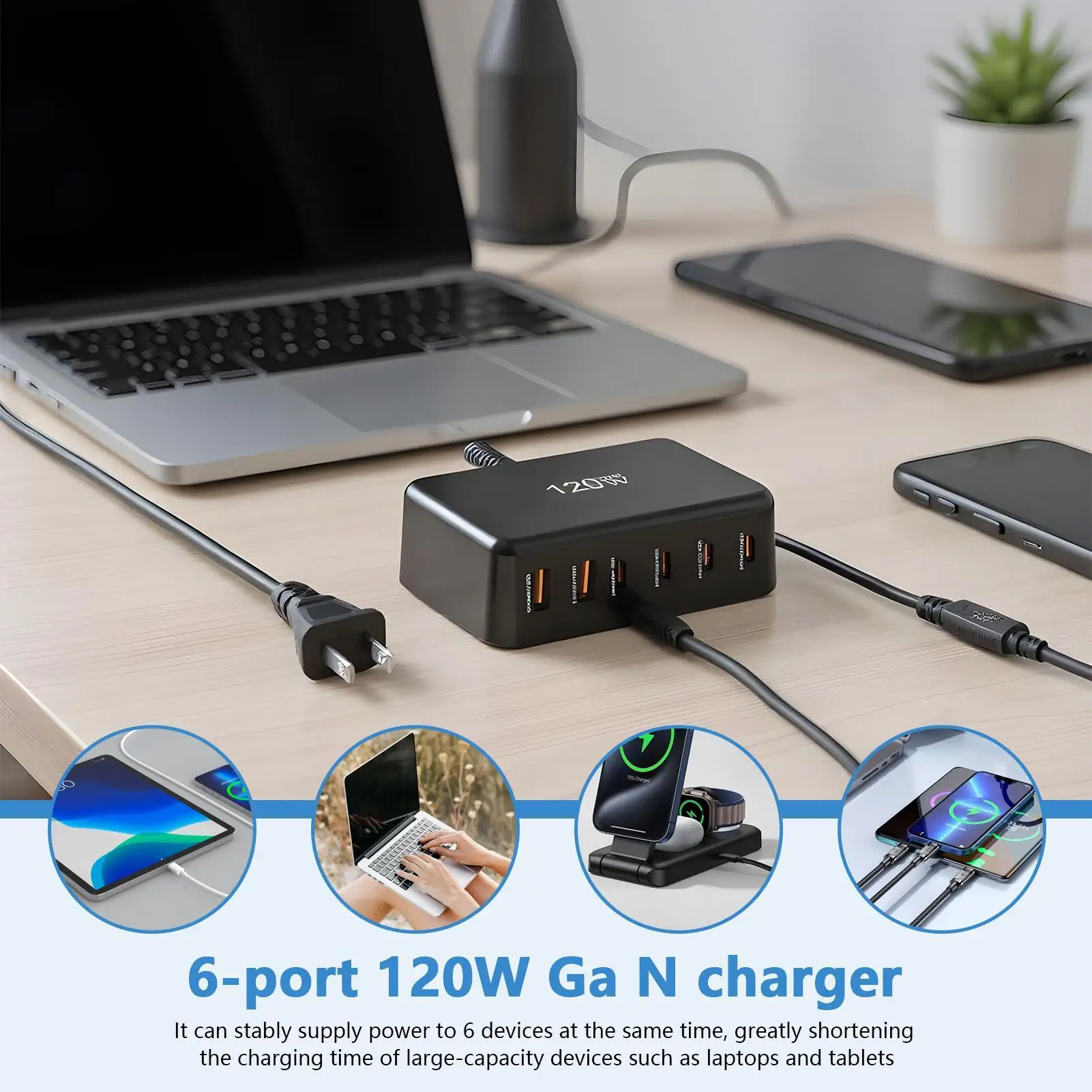 USB C Charger Portable Charger for Phones 120W 6-Port Fast Charging Device for Mobile Device Users Tech-Savvy Consumers