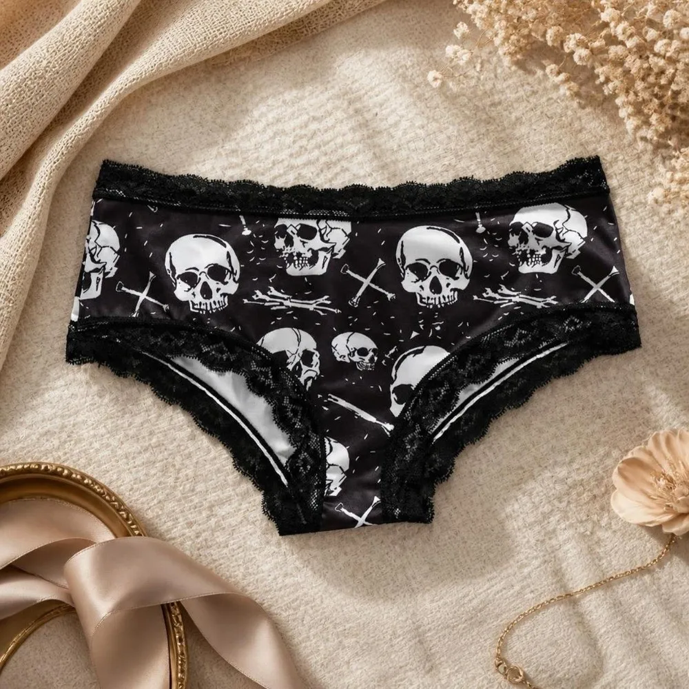 Mid Waist Women's Panties Halloween Skull Gothic Style Skeleton Briefs Lingerie Star Lace Triangle Underwear Christmas
