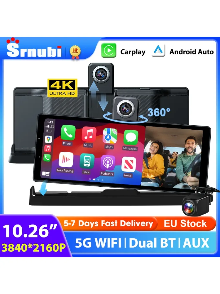 10,26'' 4K Dashcam 360 °   Drehbare Linse Auto DVR Drahtlose Carplay Android Auto GPS Navigation Video Recorder Dashboard FM AUX