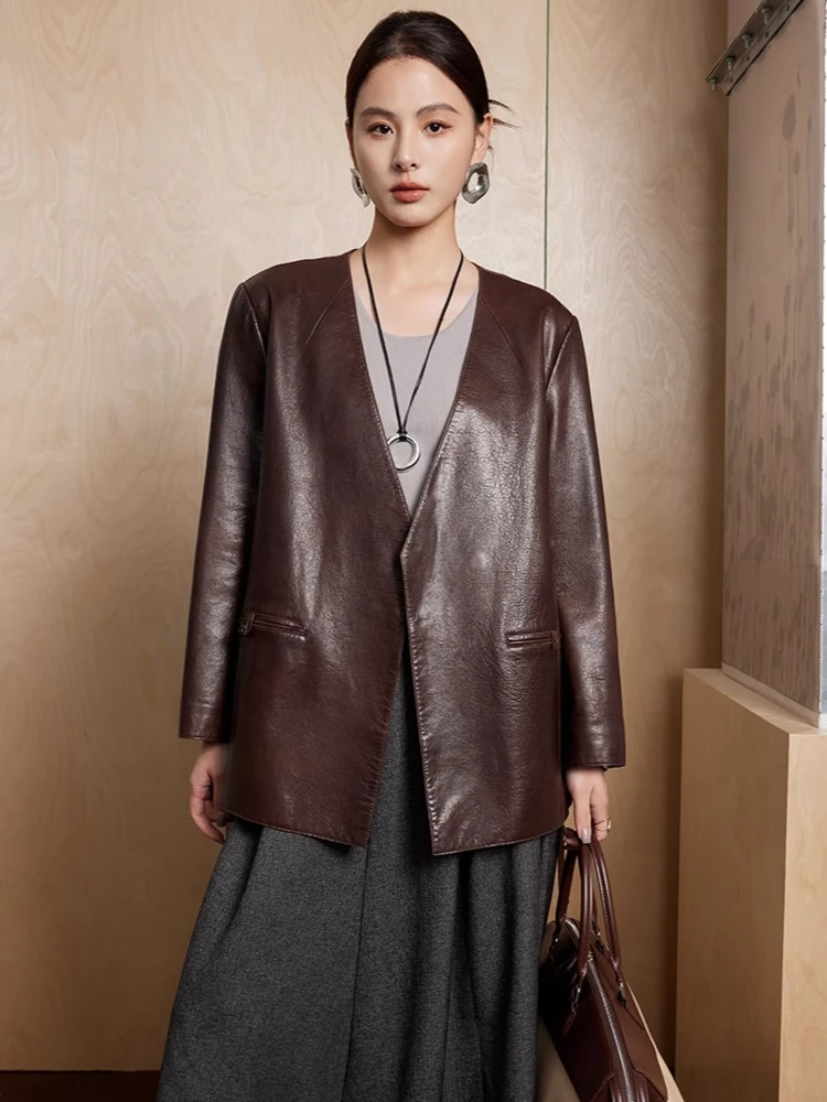 

Elegant V-neck Genuine Leather Jackets Women High-end Simple Solid Soft Oil Wax Slim Real Sheepskin Coat with Belt jaqueta couro
