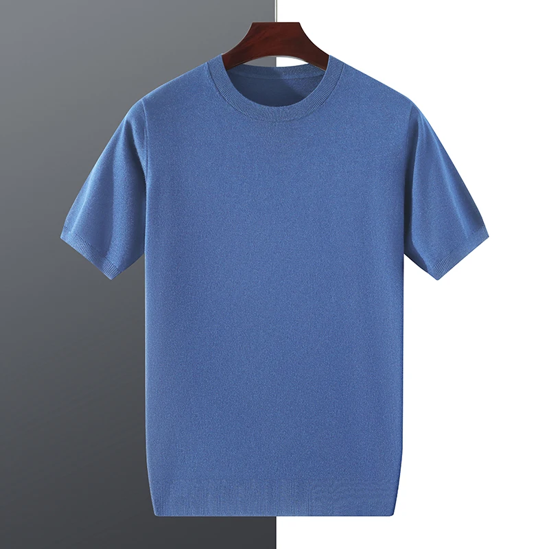 Spring Summer Solid Casual Round Neck Men's Loose Short Sleeved Knitted Pullover Men Mulberry Silk Wool Simple Sweater Tee M-4XL