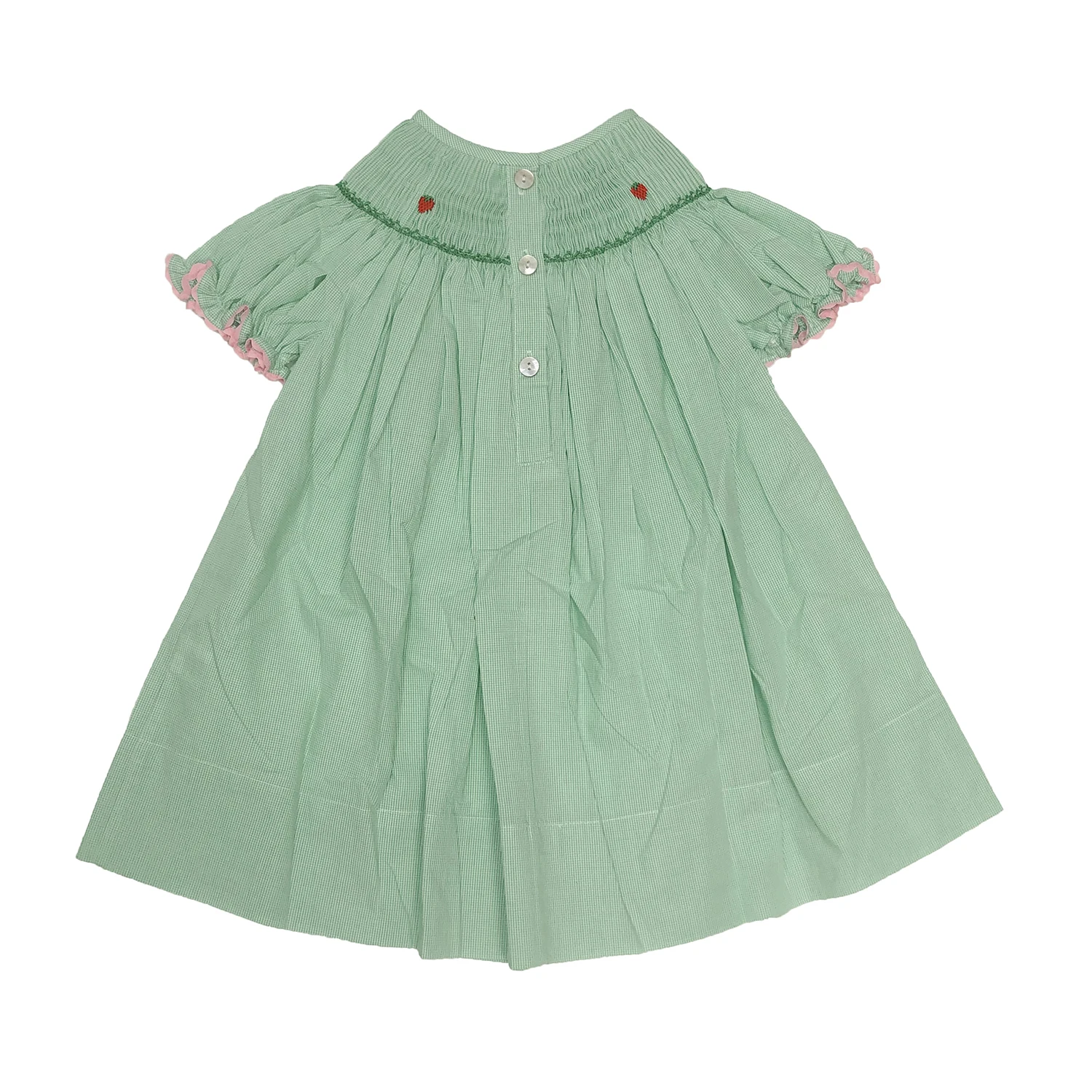 Girls Smocking Dress Handmade Cute Bear Embroidered Short-sleeved Green Bishop Dress 100% Cotton Children\' Boutique 12M-6T