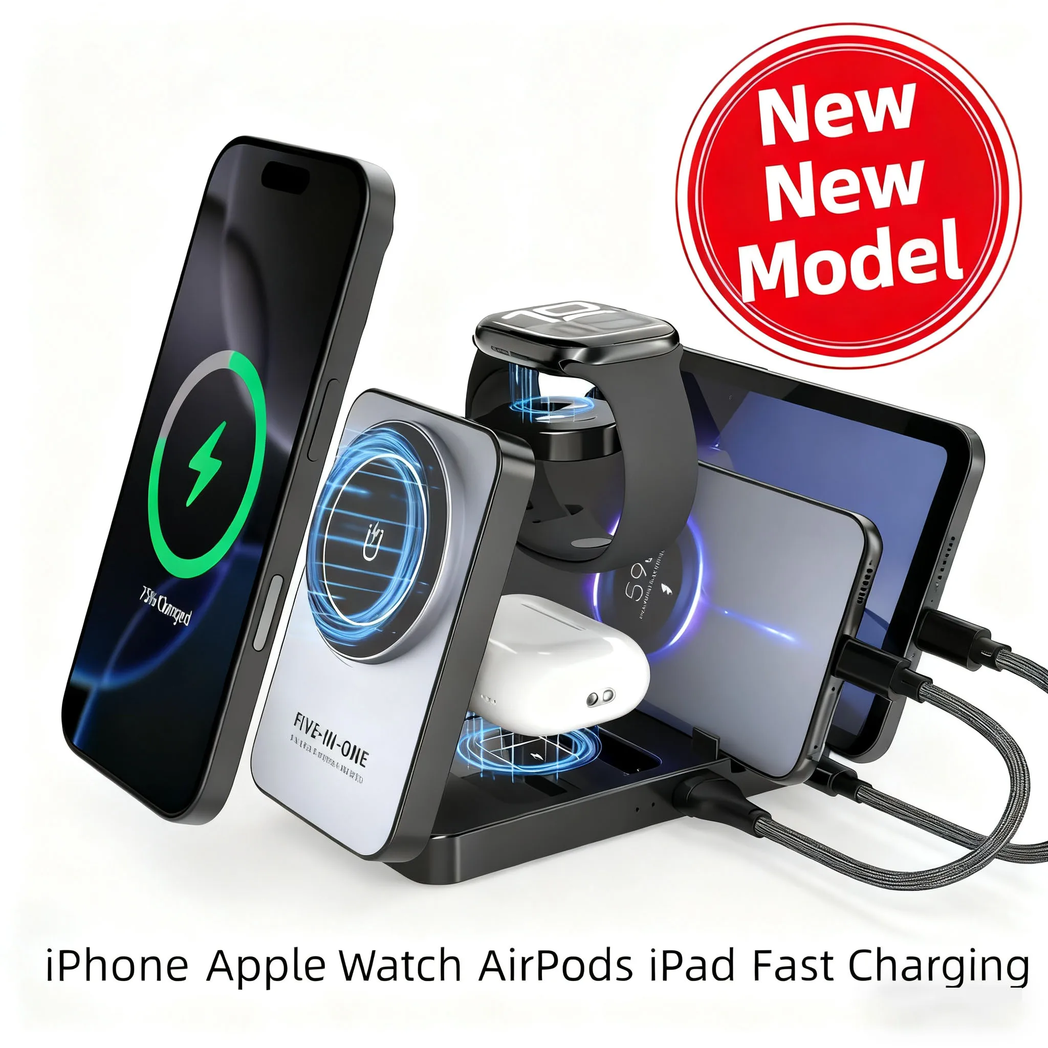 5-in-1 wireless charger, 40w magnetic multi-functional foldable phone charging dock, 18w fast charging for watches/headphones