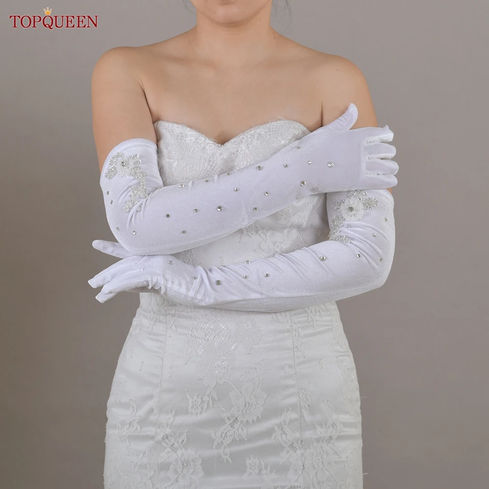 TOPQUEEN Elegante Brauthandschuhe Kristall Perlen 3D Perle Blume Lange Handschuhe Ellenbogenlänge Hochzeit Zubehör T24