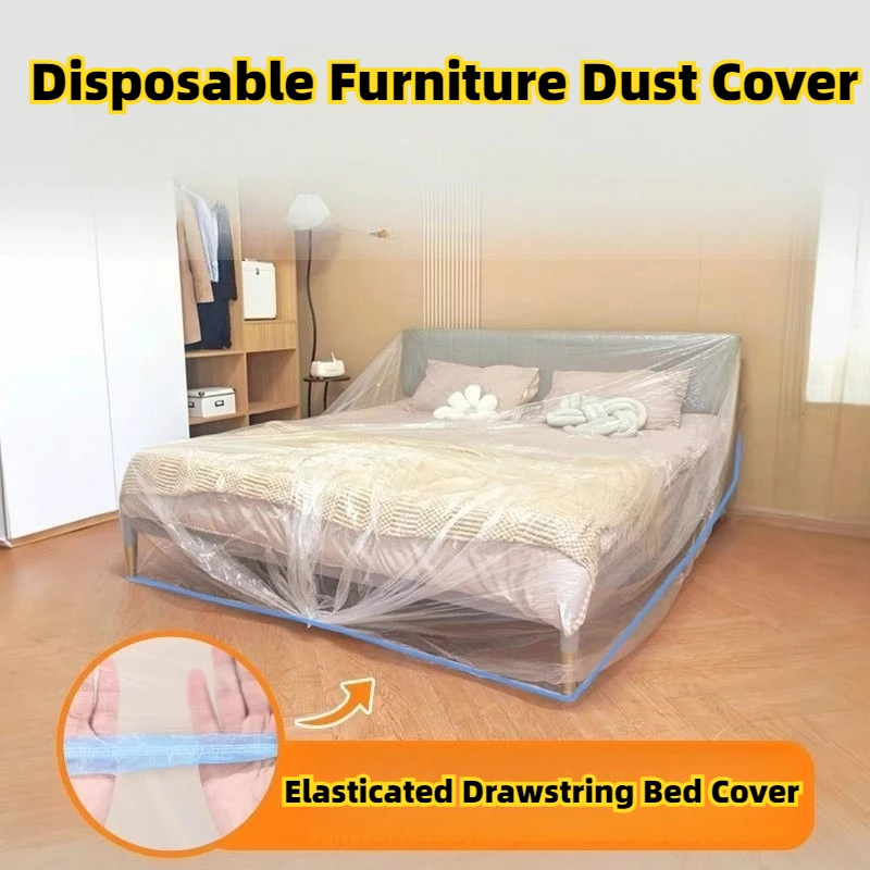 1pc Transparent PE Furniture Dust Cover Elastic Bundle Mouth Waterproof Disposable Bed Cover Disposable Full Enclosure