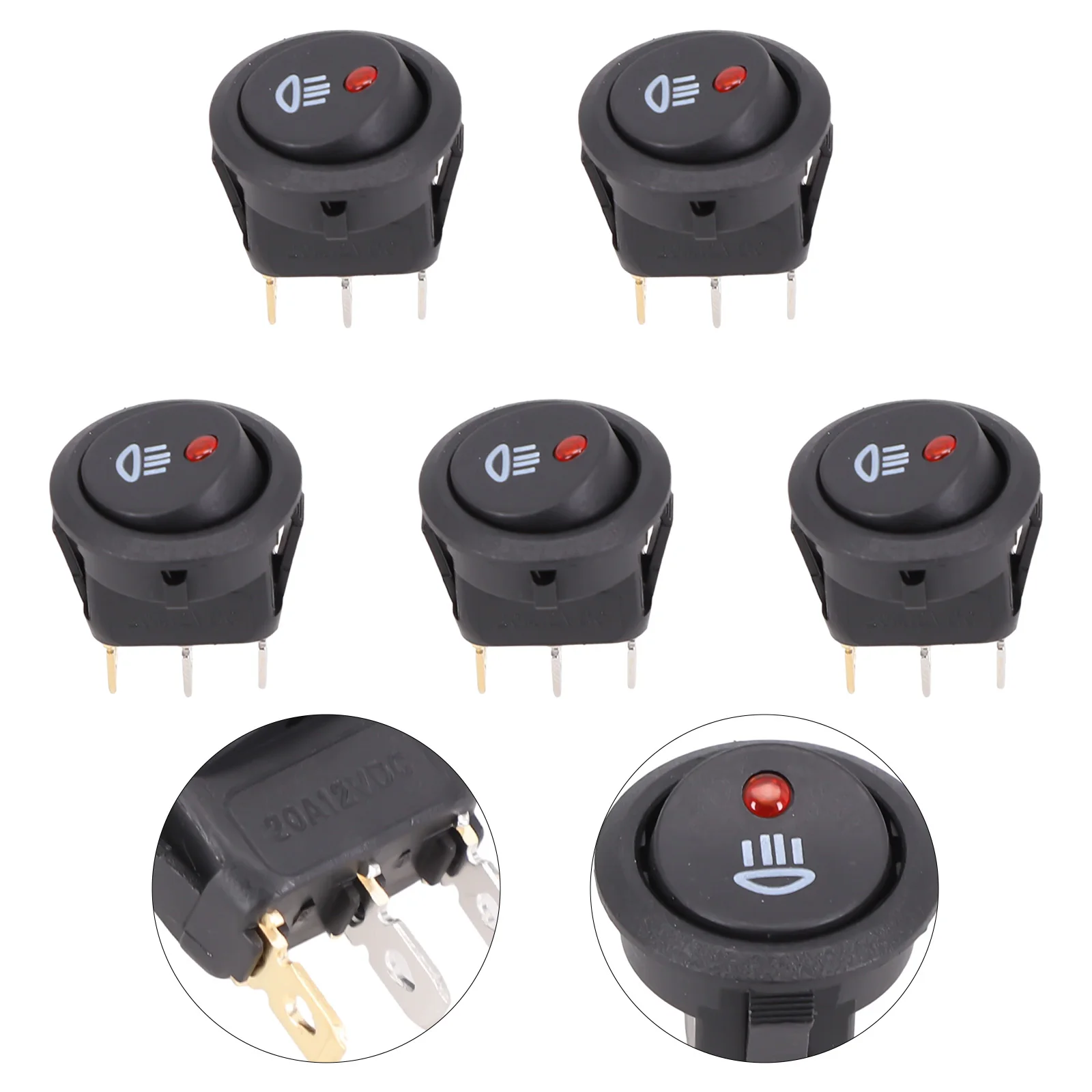 5 Pcs Black On-OFF Rocker Switch Round DC12V /20A Red Led Fog Light Lamp Symbol Car Van Truck Boat Rocker Switch