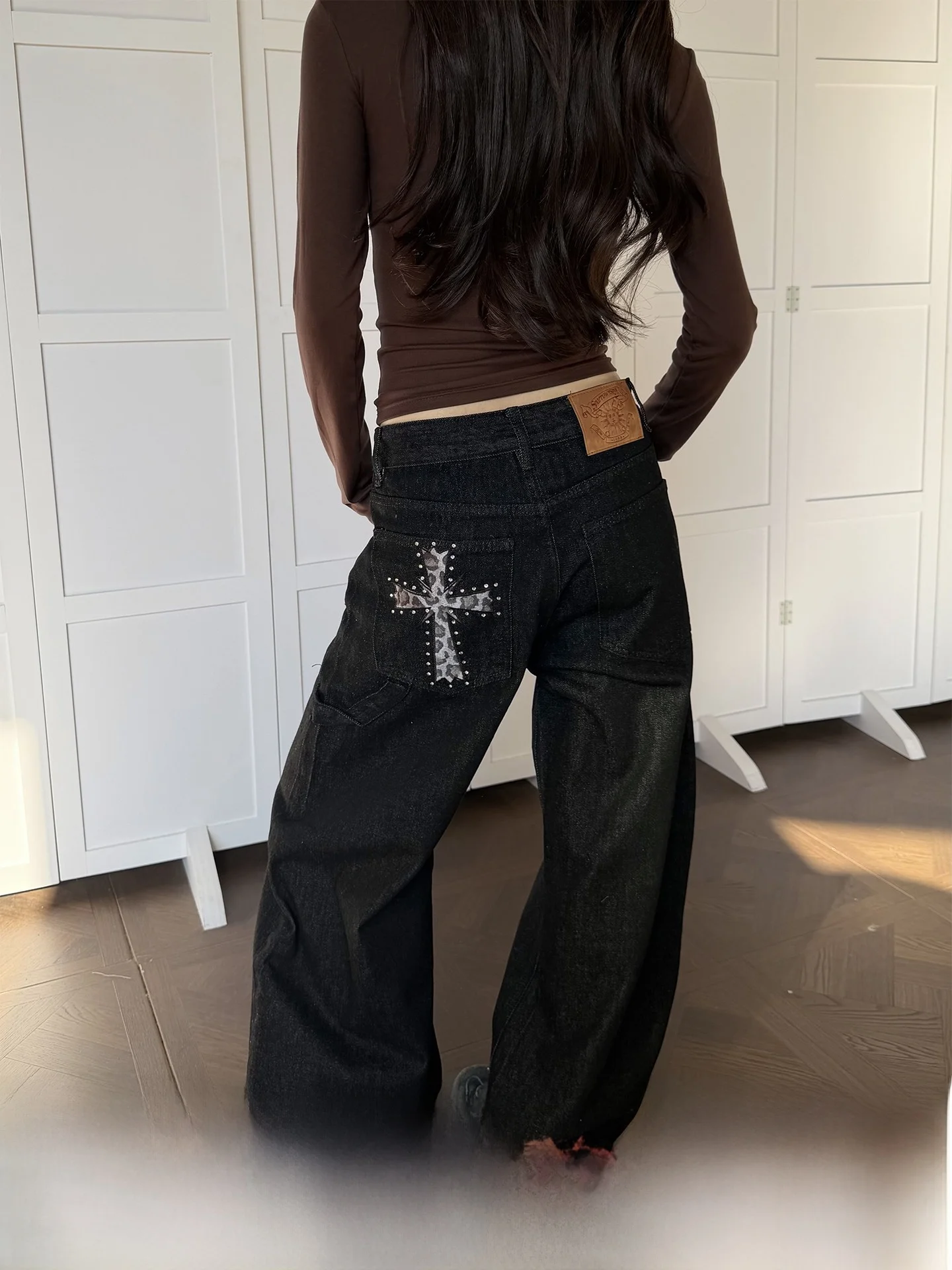 

Don Cry Original Color Leopard Print Patchwork Cross Diamond Men's And Women's Loose Casual Wide Leg Straight Jeans