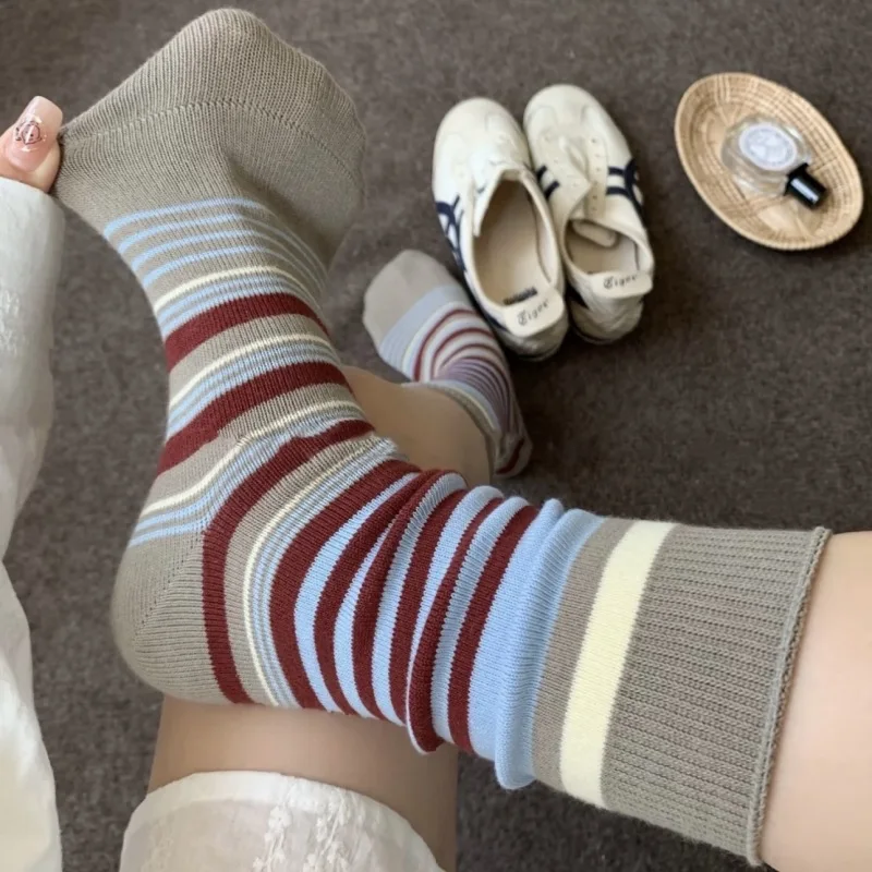 Retro Women Socks New Autumn Winter Fashion Mixed-color Striped Socks Casual High Quality Long Female Cotton Socks Breathable