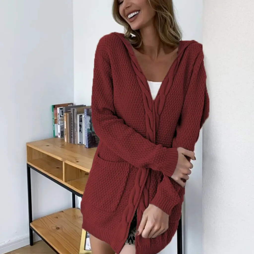 

Winter Women's Casual Knitted Cardigan Sweater with Hood And Pockets Long Sleeve Loose Fit Jacket Twisted Rope Design