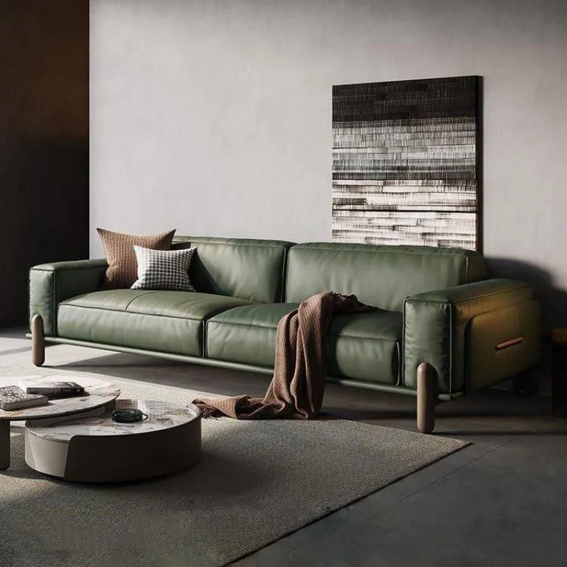 Leather sofa, small apartment straight row, solid wood high foot, first layer cowhide art sofa
