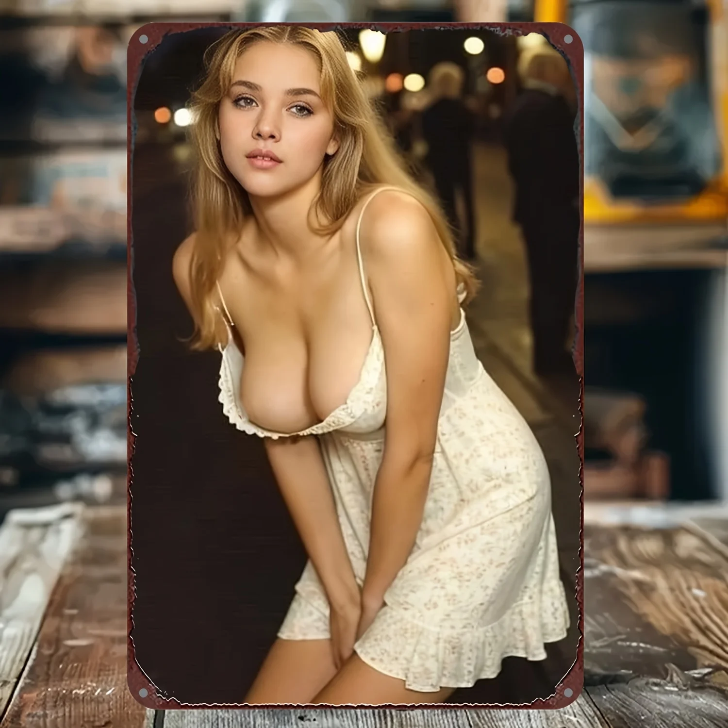 Vintage Blonde Pin-Up Metal Tin Sign Wall Art - Retro Ruffled Dress & City Night Scene Design, Durable Waterproof Decor for Hom