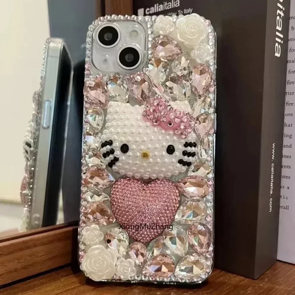 Sanrio Hello Kitty Handyhülle mit Strasssteinen für iPhone 18 17 16 Pro Max 15 14 13 Pro Max 12, luxuriöses Festivalgeschenk für Mädchen