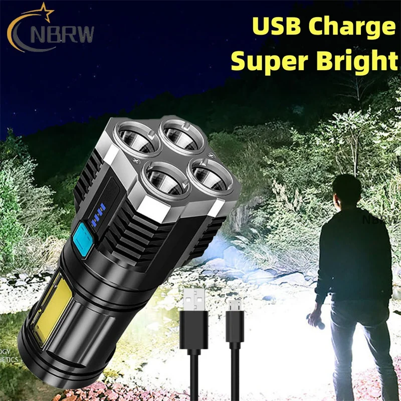 Usb recarregável led lanterna 4led de alta potência super brilhante lanternas ao ar livre portátil iluminação tática cob lanternas led