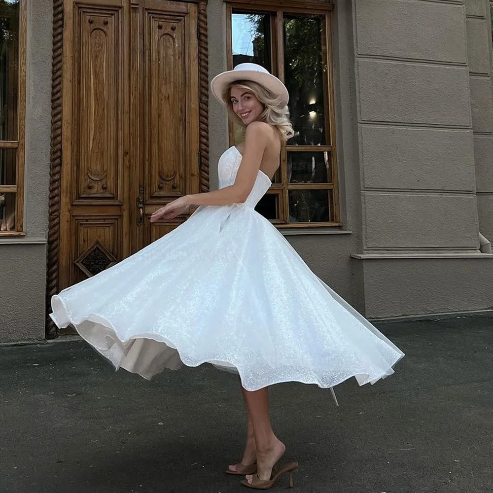 Glitter Ivory Wedding Dresses With Pockets Tea-Length Tulle Bride Dress Strapless Slit Sexy Dress For Women 2026 Robe De Mariee