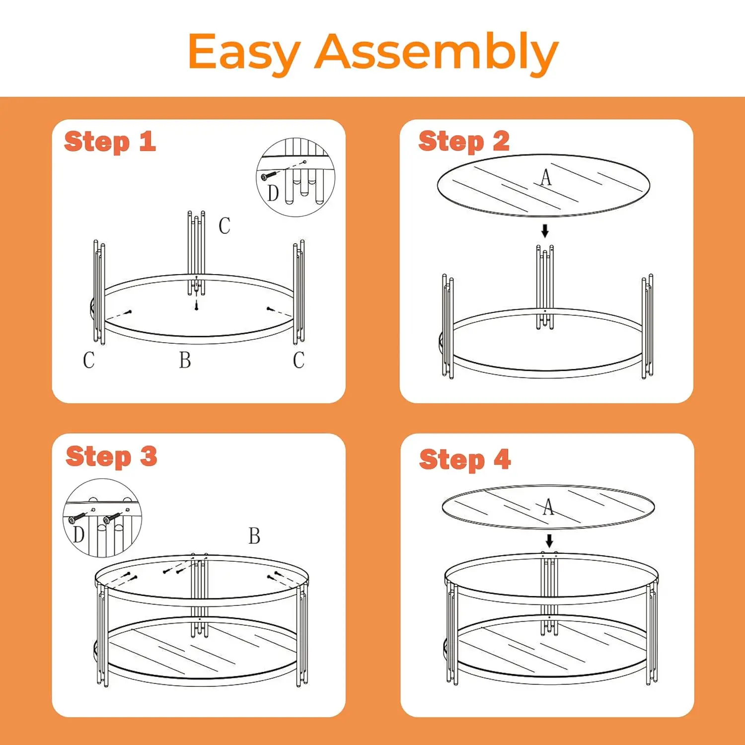 Gold Glass Coffee Table For Living Room, 36" Round Glass Coffee Table With Metal Frame, 2 Tier Circle Coffee Table For Home, Off